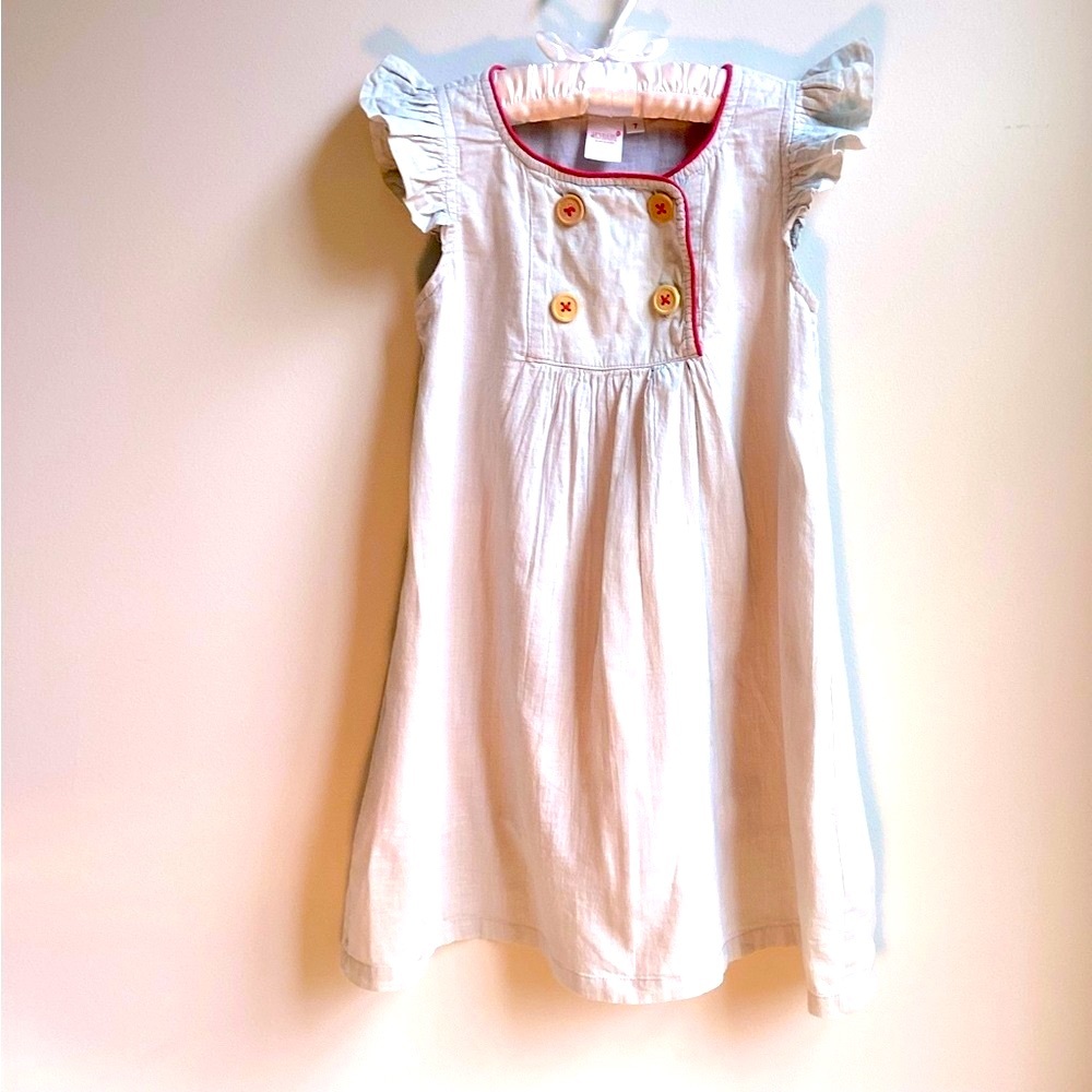 Girls sleeveless linen dress light gray with red pipping and buttons Beach
